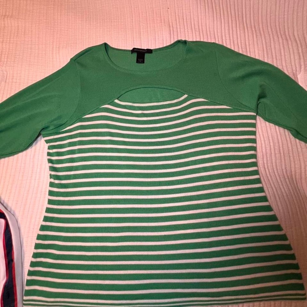 Ashley Stewart Peek-A-Boo Green & White Striped Lightweight Casual LS Sweater-26